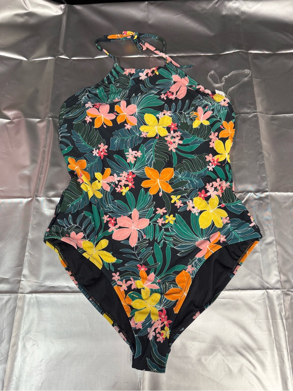 Old Navy Black Floral One-Piece Swimsuit with Yellow, Orange, and Pink Flowers